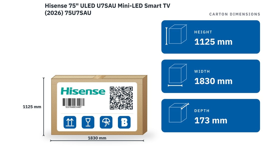 Hisense 75" ULED U7SAU Mini-LED Smart TV (2026) 75U7SAU — packaged dimensions