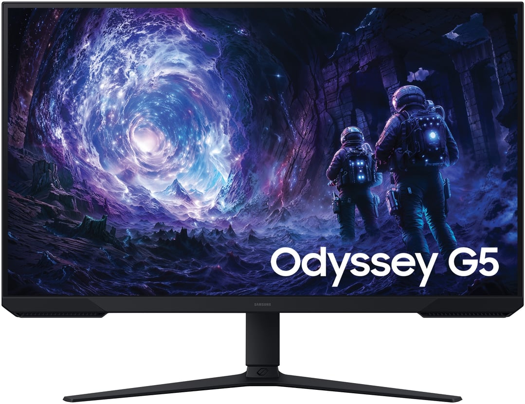 Black gaming monitor displaying a fantasy scene with astronauts and a cosmic vortex