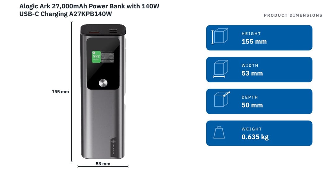 Alogic Ark 27,000mAh Power Bank with 140W USB-C Charging A27KPB140W