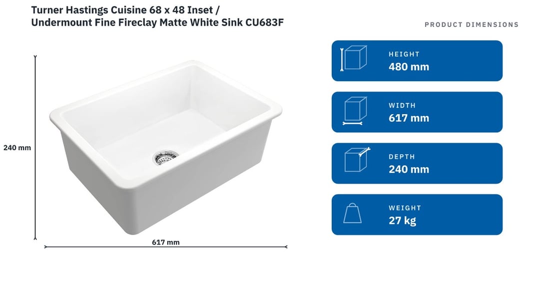 Turner Hastings Cuisine 68 x 48 Inset / Undermount Fine Fireclay Matte White Sink CU683FS-MW — product dimensions