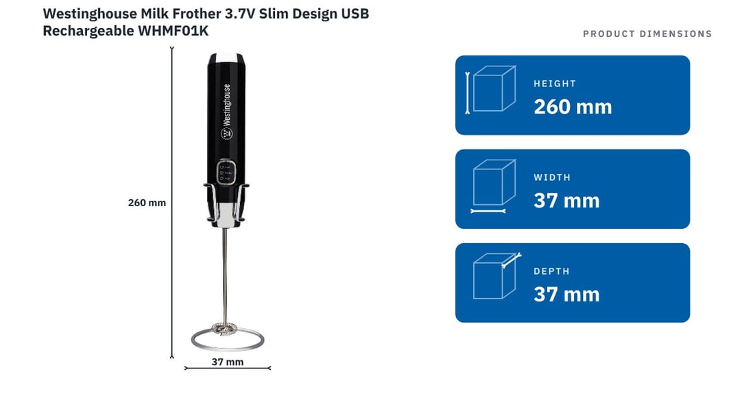 Westinghouse Milk Frother 3.7V Slim Design USB Rechargeable WHMF01K