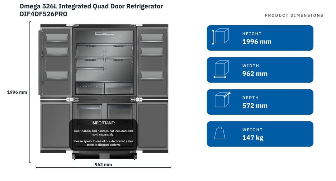 Omega 526L Integrated Quad Door Refrigerator OIF4DF526PRO