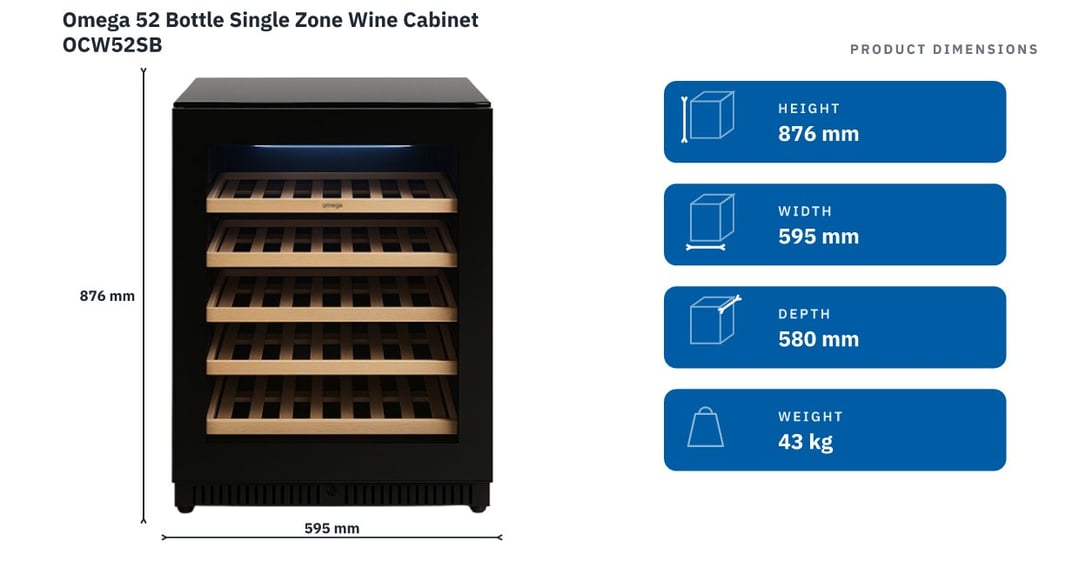 Omega 52 Bottle Single Zone Wine Cabinet OCW52SB — product dimensions
