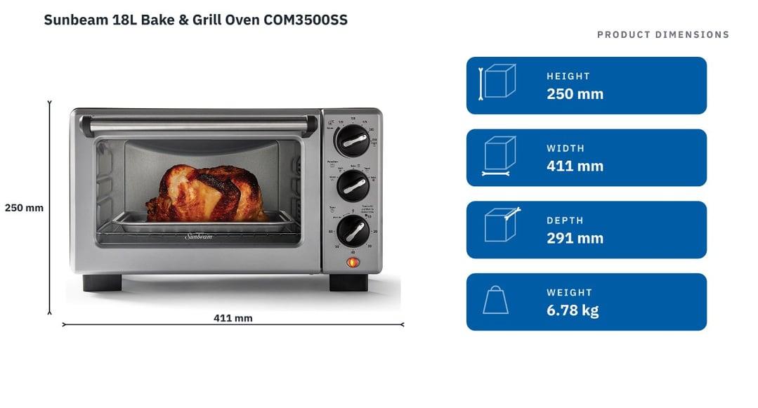 Sunbeam 18L Bake & Grill Oven COM3500SS — product dimensions