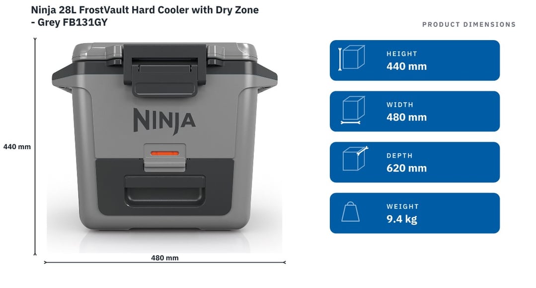 Ninja 28L FrostVault Hard Cooler with Dry Zone - Grey FB131GY — product dimensions