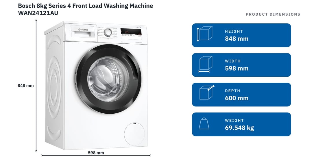 Bosch 8kg Series 4 Front Load Washing Machine WAN24121AU — product dimensions