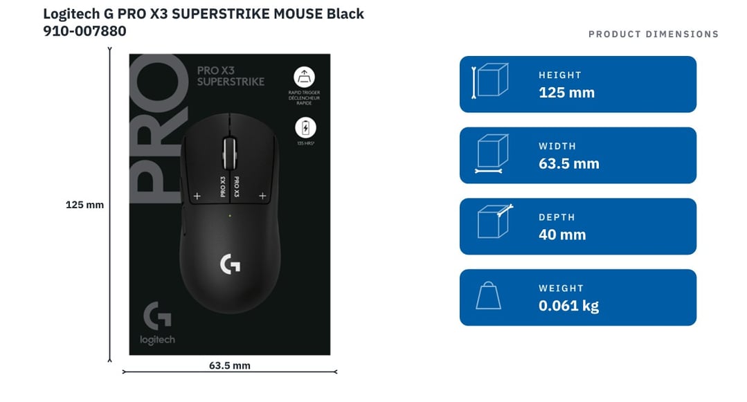 Logitech G PRO X3 SUPERSTRIKE MOUSE Black 910-007880 — product dimensions