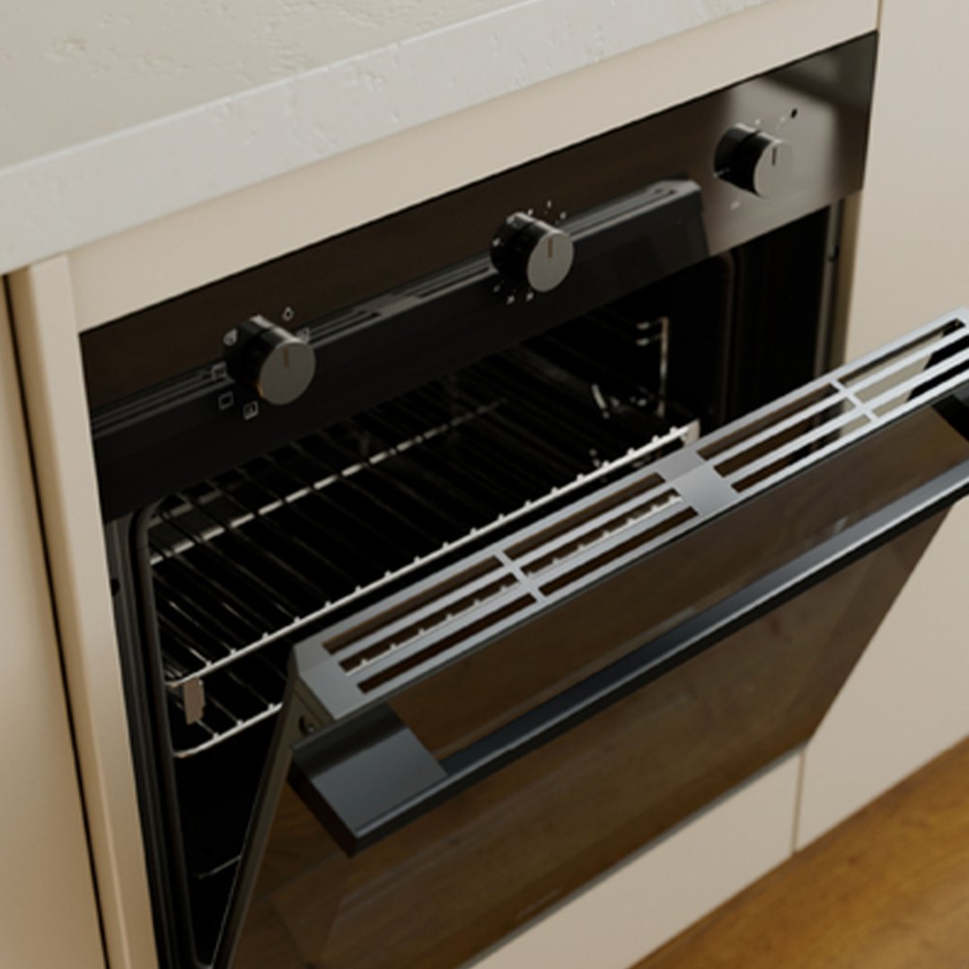 Built-in oven with the door slightly ajar, showing the interior racks