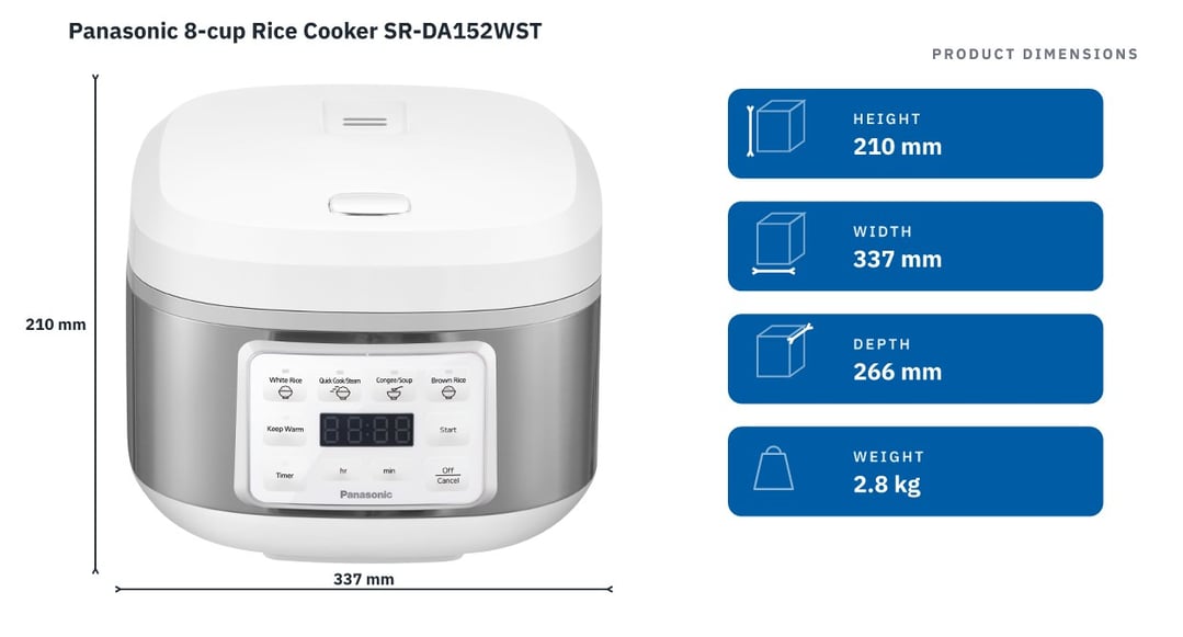 Panasonic 8-cup Rice Cooker SR-DA152WST — product dimensions