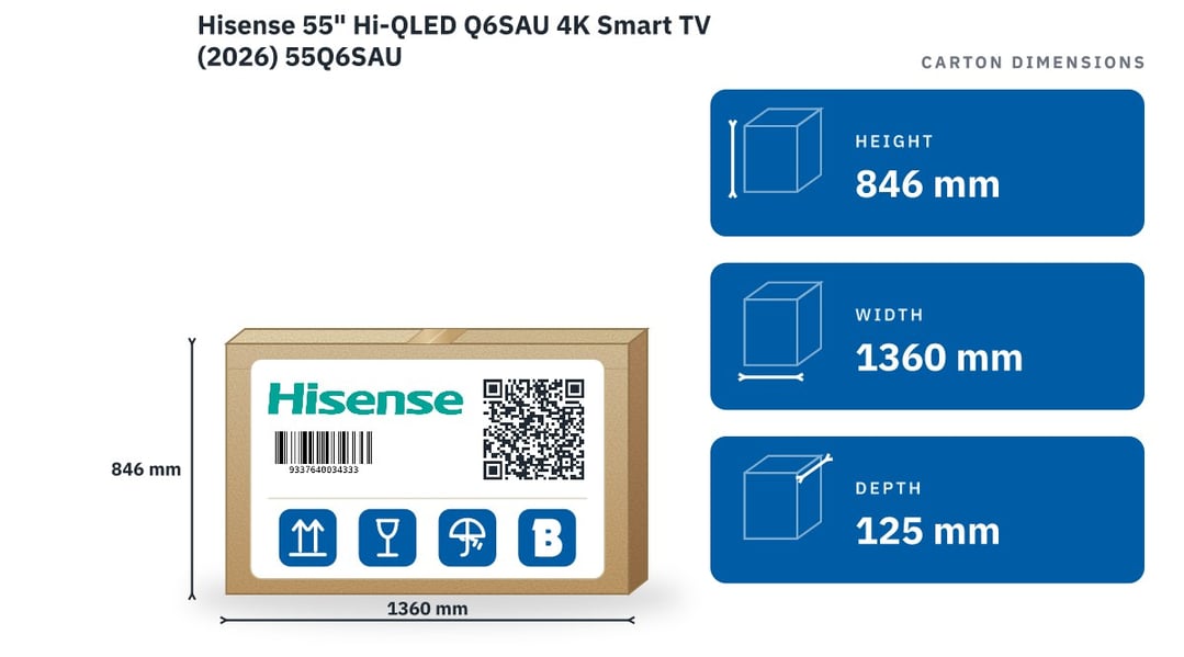 Hisense 55" Hi-QLED Q6SAU 4K Smart TV (2026) 55Q6SAU — packaged dimensions
