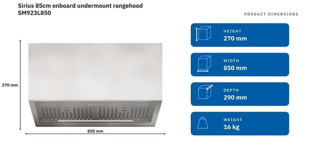 Sirius 85cm onboard undermount rangehood SM923L850 — product dimensions