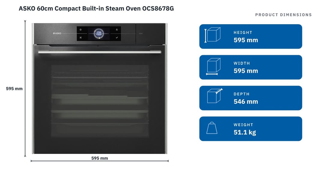 ASKO 60cm Compact Built-in Steam Oven OCS8678G — product dimensions