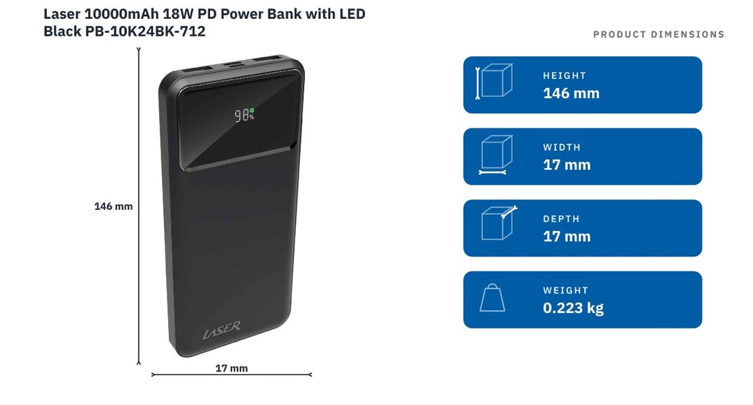 Laser 10000mAh 18W PD Power Bank with LED Black PB-10K24BK-712 — product dimensions