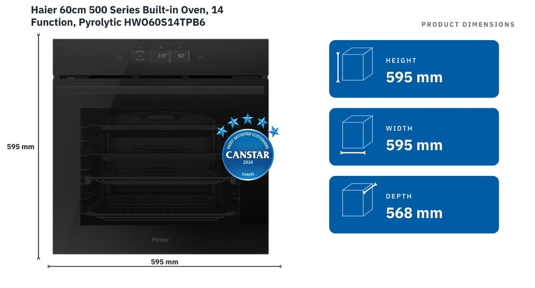 Haier 60cm 500 Series Built-in Oven, 14 Function, Pyrolytic HWO60S14TPB6 — product dimensions