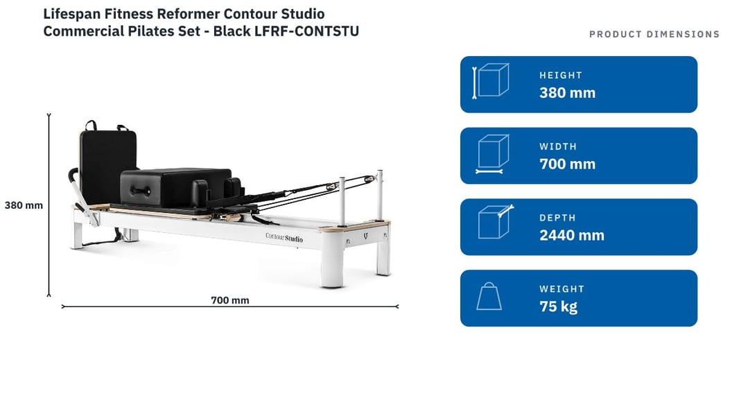 Lifespan Fitness Reformer Contour Studio Commercial Pilates Set - Black LFRF-CONTSTU — product dimensions