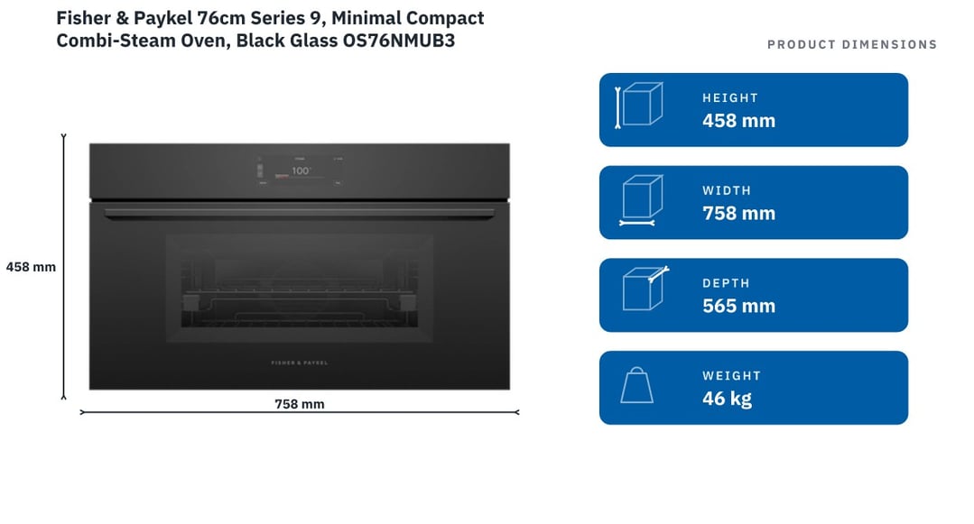 Fisher & Paykel 76cm Series 9, Minimal Compact Combi-Steam Oven, Black Glass OS76NMUB3 — product dimensions