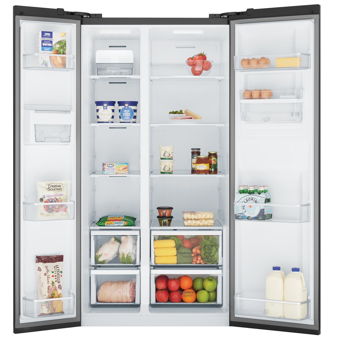 Open side-by-side refrigerator filled with various food items and drinks