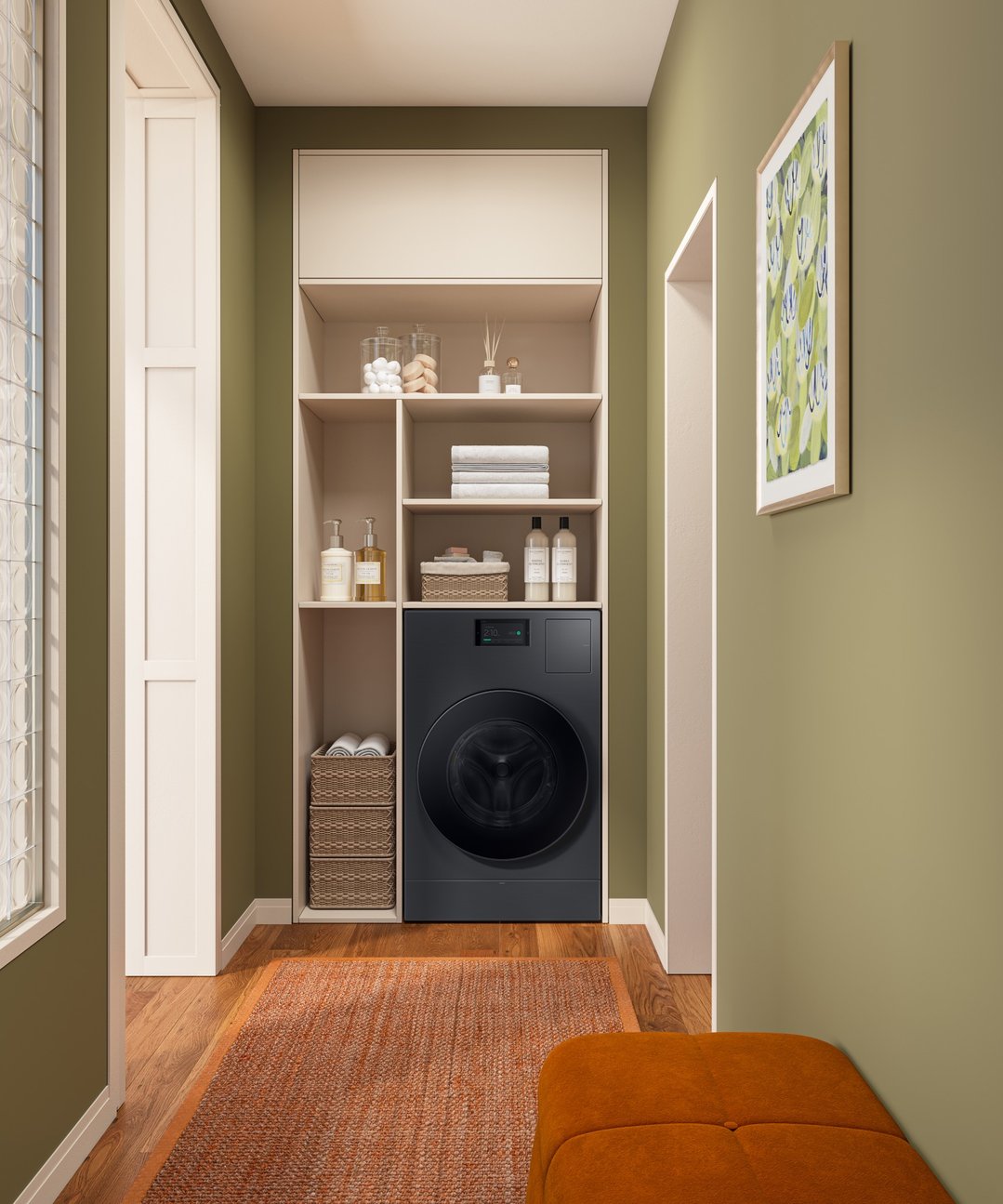 Black washer dryer combo in a laundry room with shelves and decor
