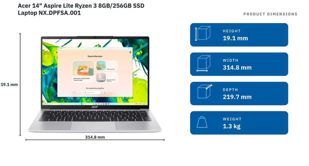 Acer 14" Aspire Lite Ryzen 3 8GB/256GB SSD Laptop NX.DPFSA.001 — product dimensions