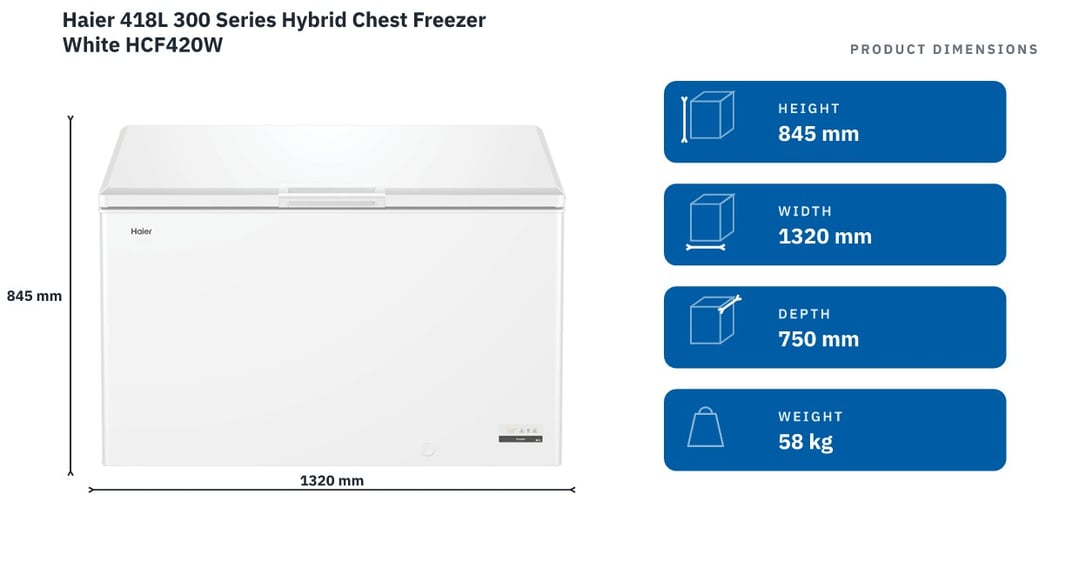Haier 418L 300 Series Hybrid Chest Freezer White HCF420W — product dimensions