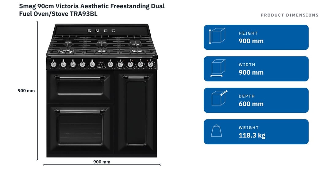 Smeg 90cm Victoria Aesthetic Freestanding Dual Fuel Oven/Stove TRA93BL — product dimensions