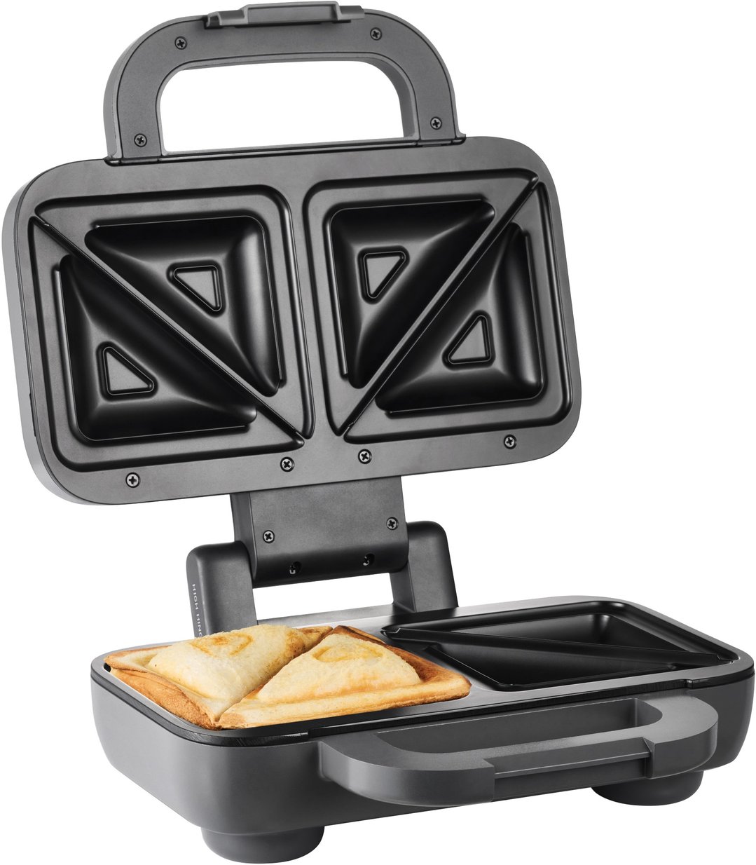Open sandwich maker with two toasted sandwiches on the bottom plate