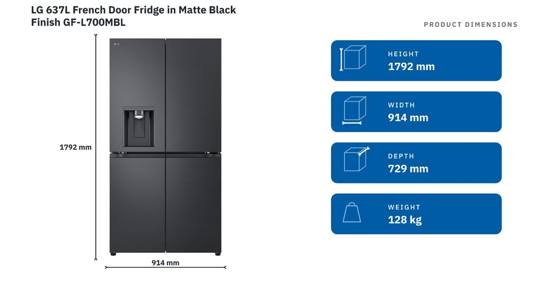 LG 637L French Door Fridge in Matte Black Finish GF-L700MBL — product dimensions