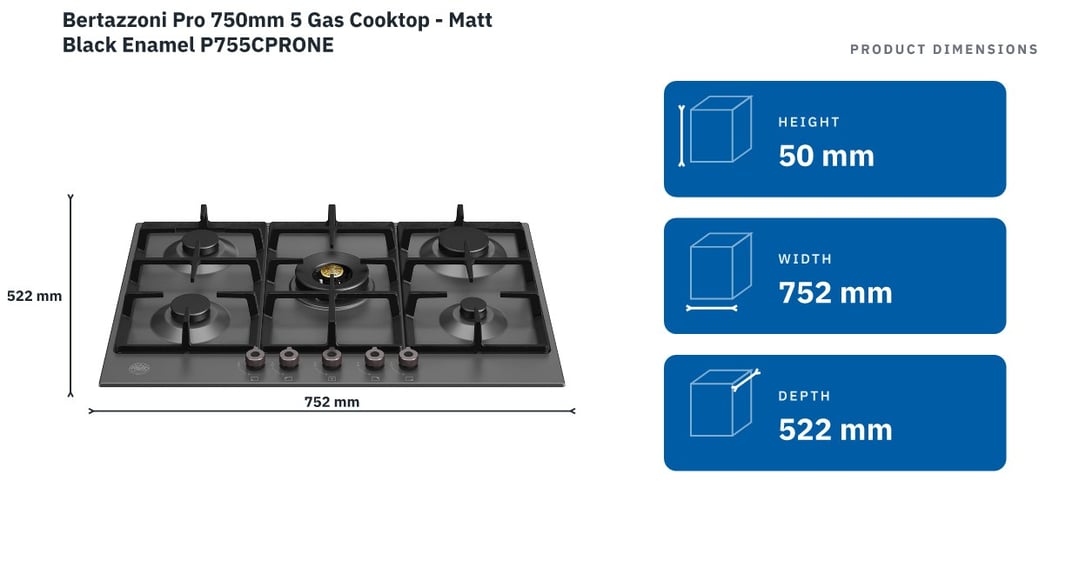 Bertazzoni Pro 750mm 5 Gas Cooktop - Matt Black Enamel P755CPRONE