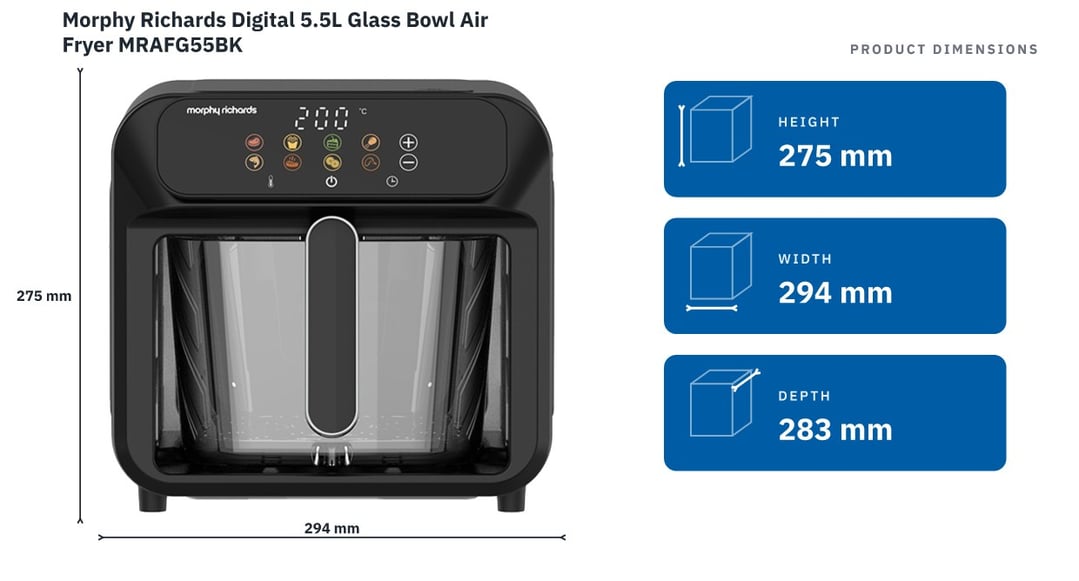 Morphy Richards Digital 5.5L Glass Bowl Air Fryer MRAFG55BK — product dimensions