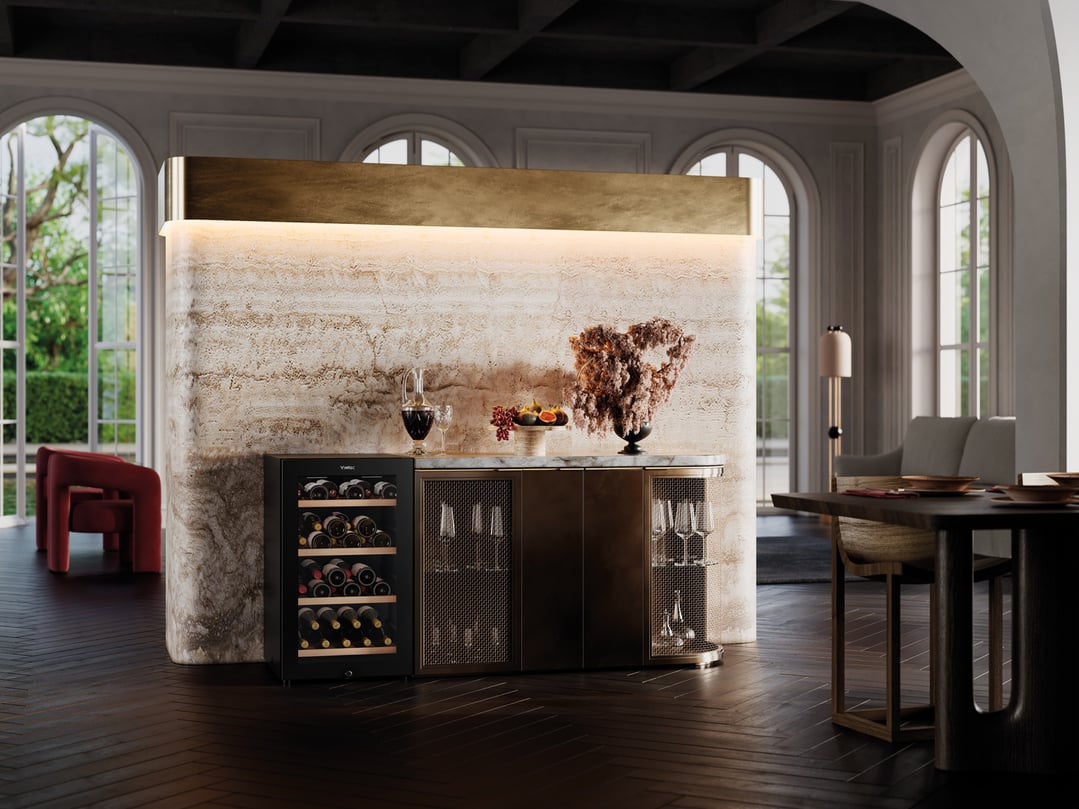 VINTEC wine cabinet integrated into a luxurious bar area with wine glasses