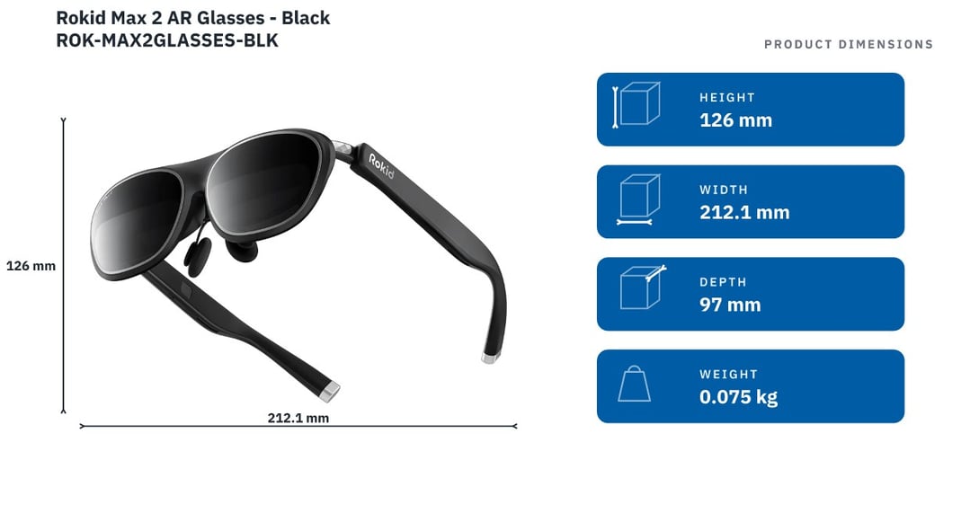 Rokid Max 2 AR Glasses - Black ROK-MAX2GLASSES-BLK — product dimensions