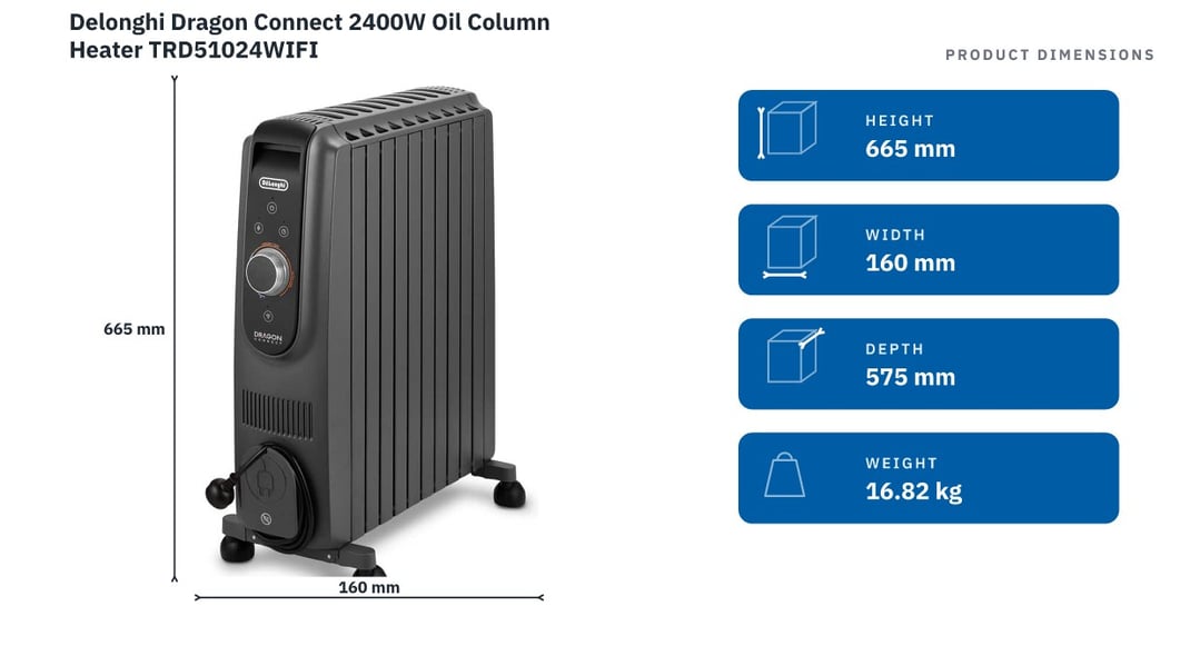 Delonghi Dragon Connect 2400W Oil Column Heater TRD51024WIFI — product dimensions