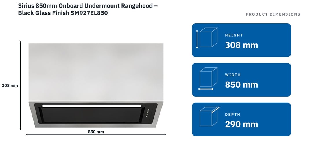 Sirius 850mm Onboard Undermount Rangehood – Black Glass Finish SM927EL850