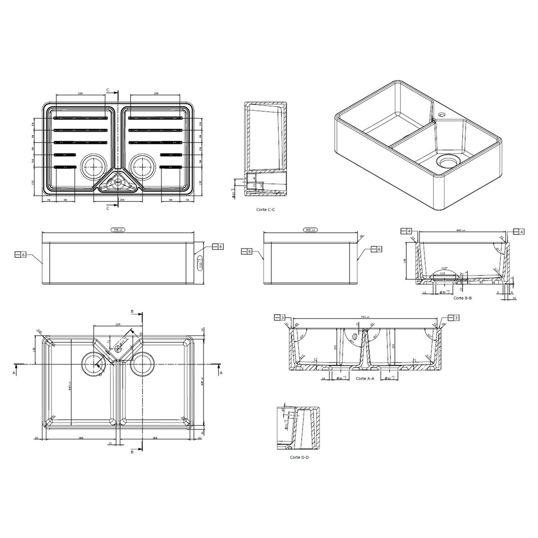 Turner Hastings Chester 80x50 1TH Double Bowl Fireclay Sink incl. Overflow Kit 7403