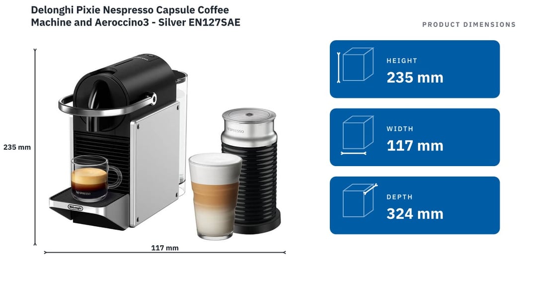 Delonghi Pixie Nespresso Capsule Coffee Machine and Aeroccino3 - Silver EN127SAE