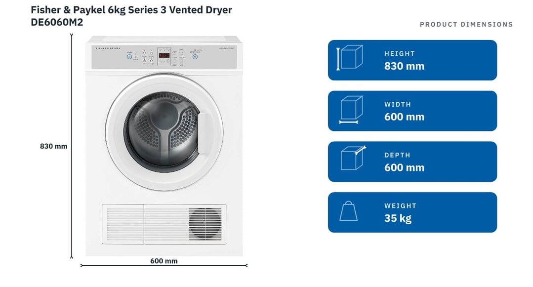 Fisher & Paykel 6kg Series 3 Vented Dryer DE6060M2 — product dimensions
