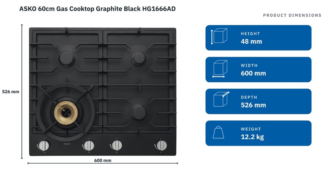 ASKO 60cm Gas Cooktop Graphite Black HG1666AD — product dimensions