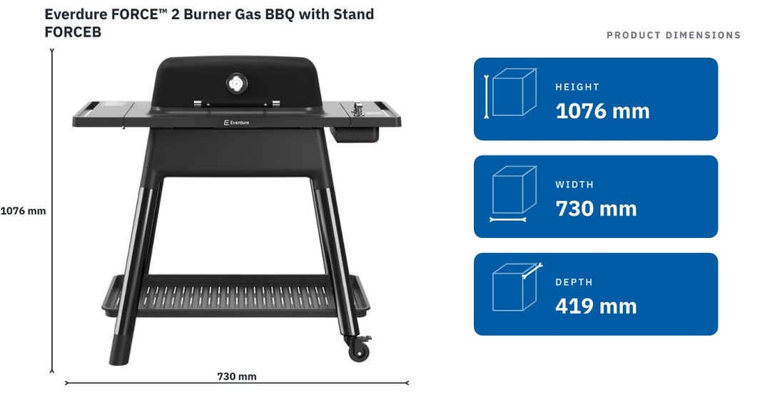 Everdure FORCE™ 2 Burner Gas BBQ with Stand FORCEB — product dimensions