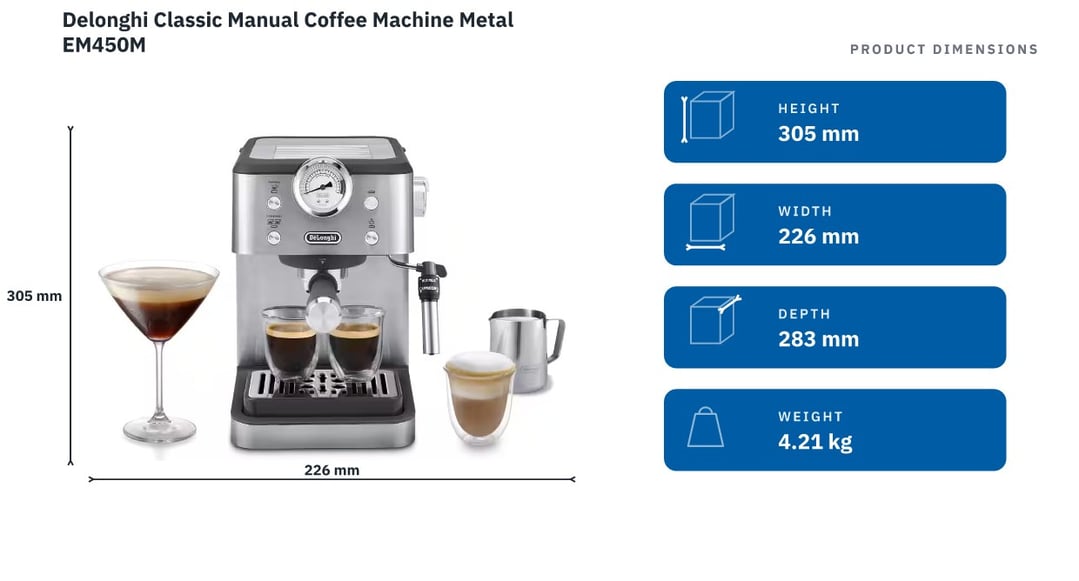 Delonghi Classic Manual Coffee Machine Metal EM450M — product dimensions
