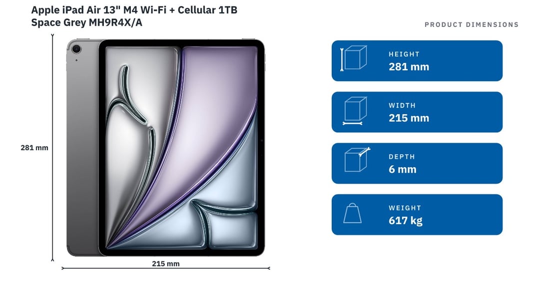 Apple iPad Air 13" M4 Wi-Fi + Cellular 1TB Space Grey MH9R4X/A — product dimensions