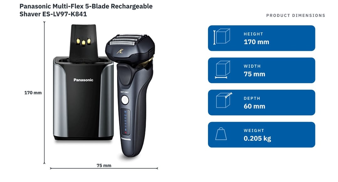 Panasonic Multi-Flex 5-Blade Rechargeable Shaver ES-LV97-K841 — product dimensions