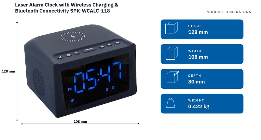 Laser Alarm Clock with Wireless Charging & Bluetooth Connectivity SPK-WCALC-118 — product dimensions