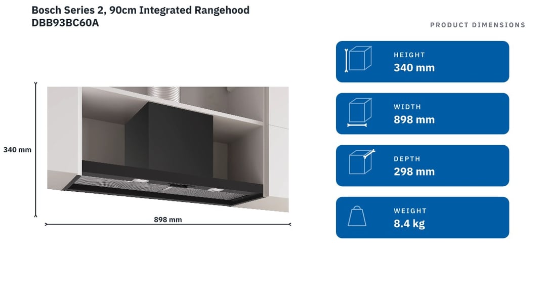 Bosch Series 2, 90cm Integrated Rangehood DBB93BC60A — product dimensions