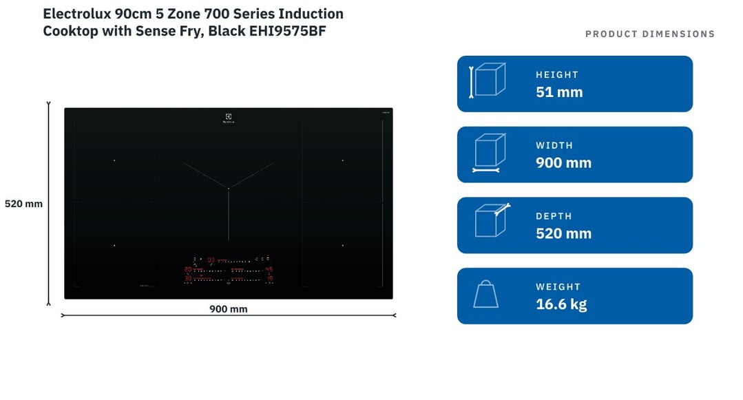 Electrolux 90cm 5 Zone 700 Series Induction Cooktop with Sense Fry, Black EHI9575BF — product dimensions