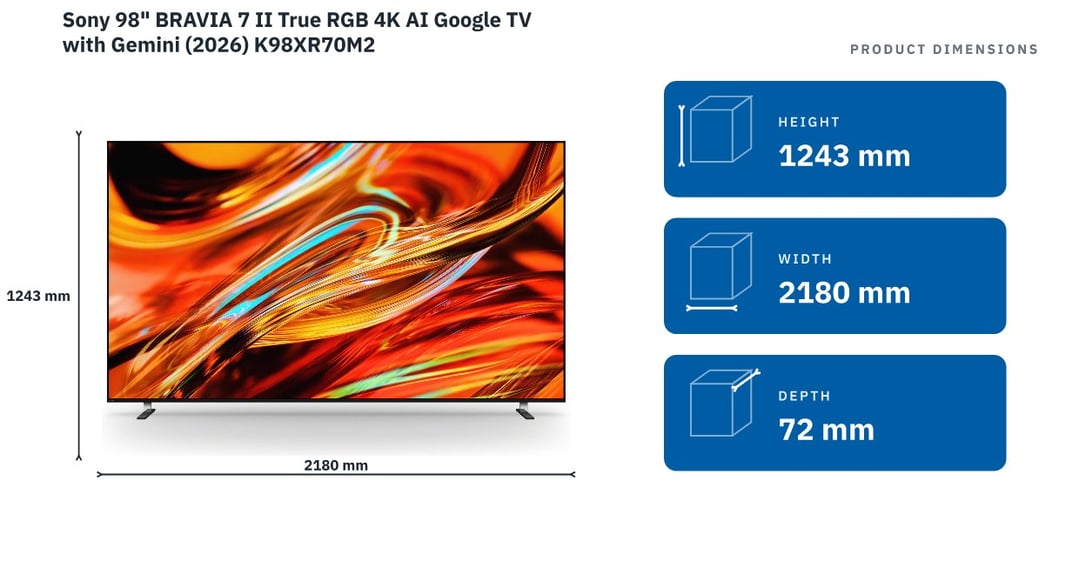 Sony 98" BRAVIA 7 II True RGB 4K AI Google TV with Gemini (2026) K98XR70M2 — product dimensions