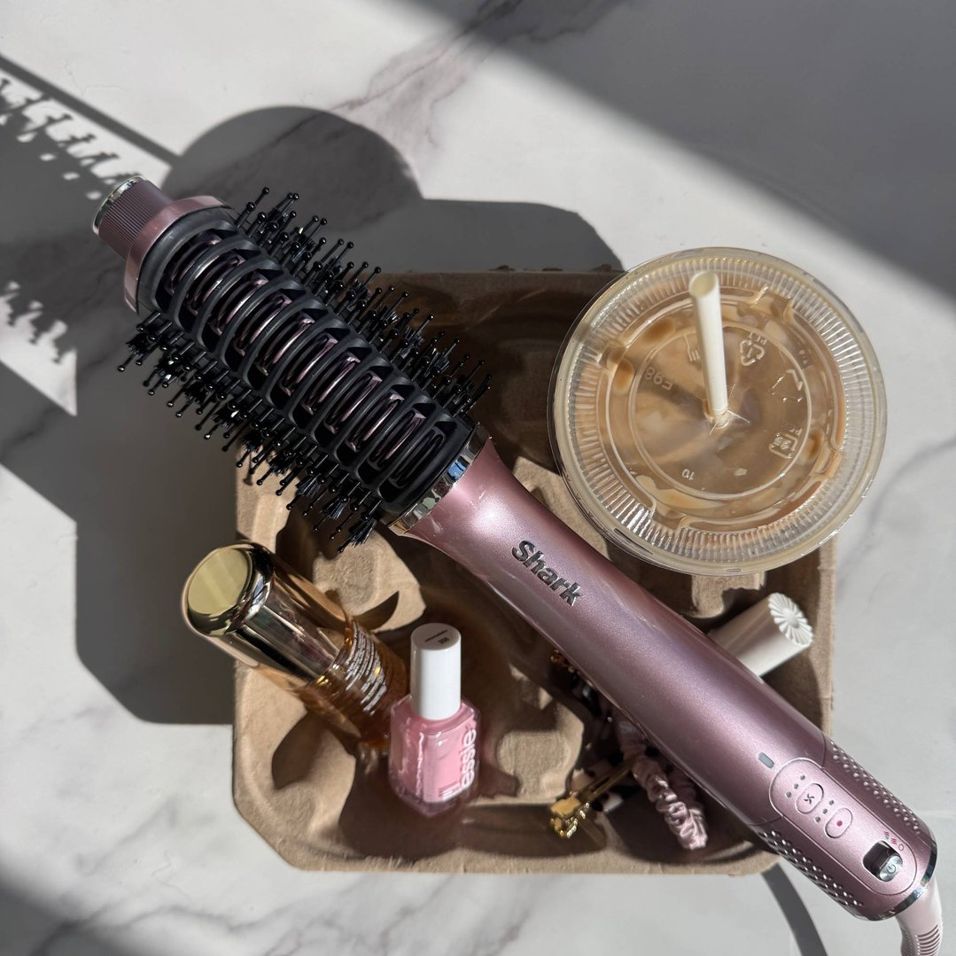 Shark Glossi 2-in-1 Hot Tool & Air Glosser with accessories and iced coffee