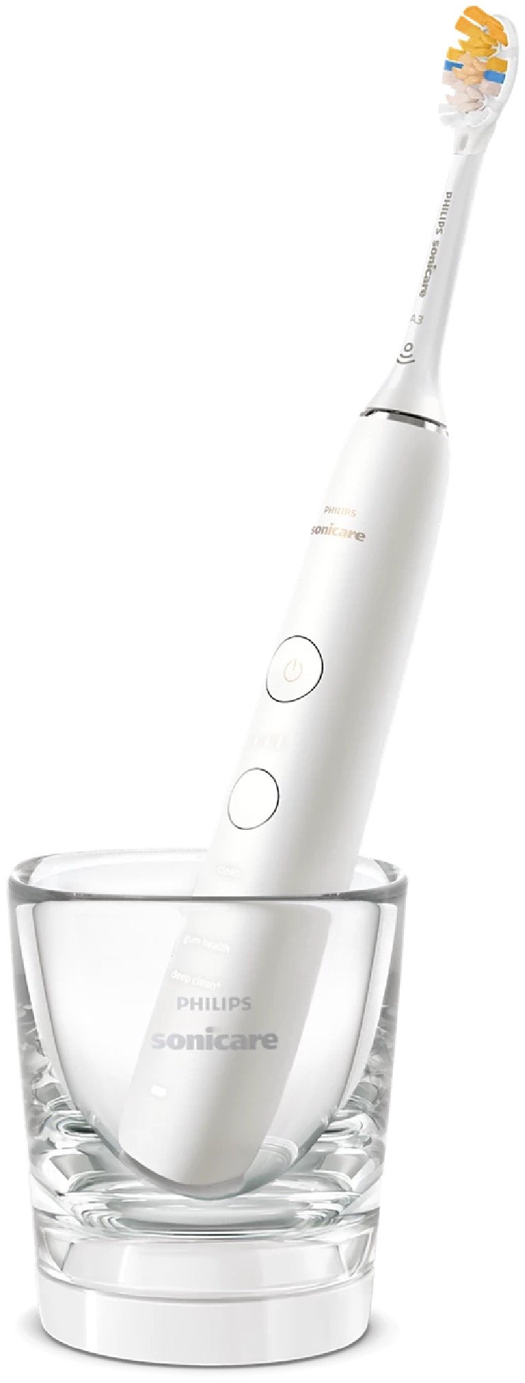 White Philips Sonicare DiamondClean 9000 electric toothbrush in a glass of water