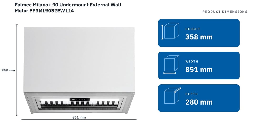 Falmec Milano+ 90 Undermount External Wall Motor FP3ML90S2EW114 — product dimensions