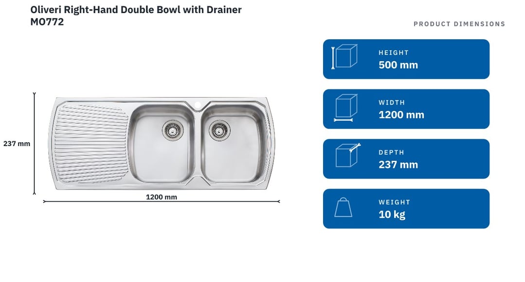 Oliveri Right-Hand Double Bowl with Drainer MO772 — product dimensions