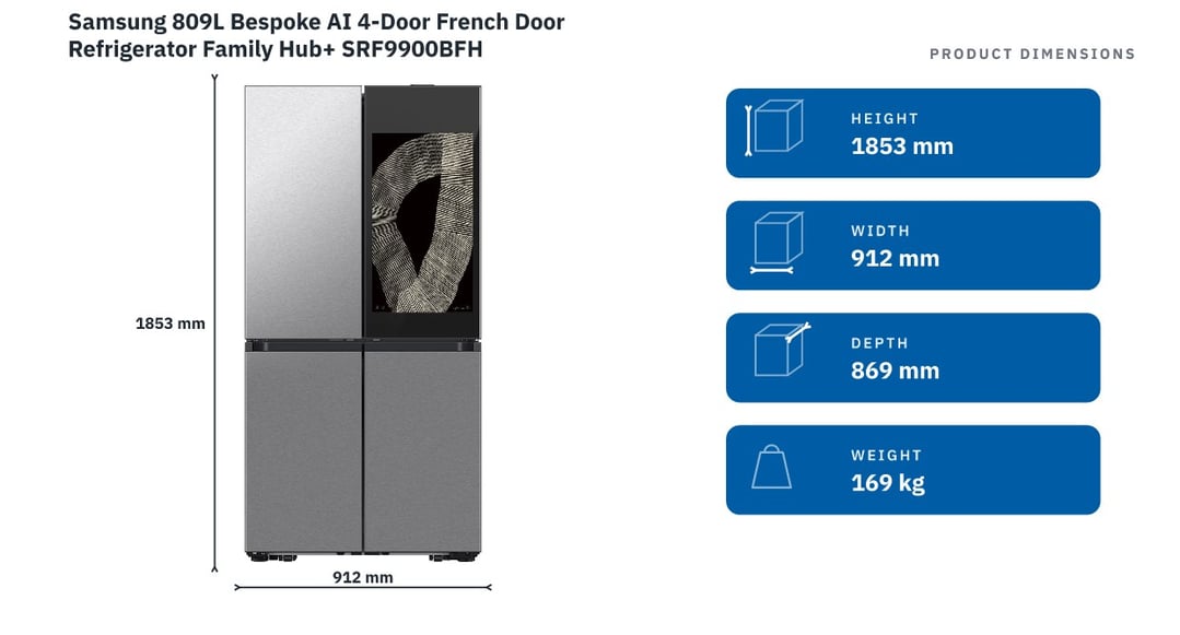 Samsung 809L Bespoke AI 4-Door French Door Refrigerator Family Hub+ SRF9900BFH